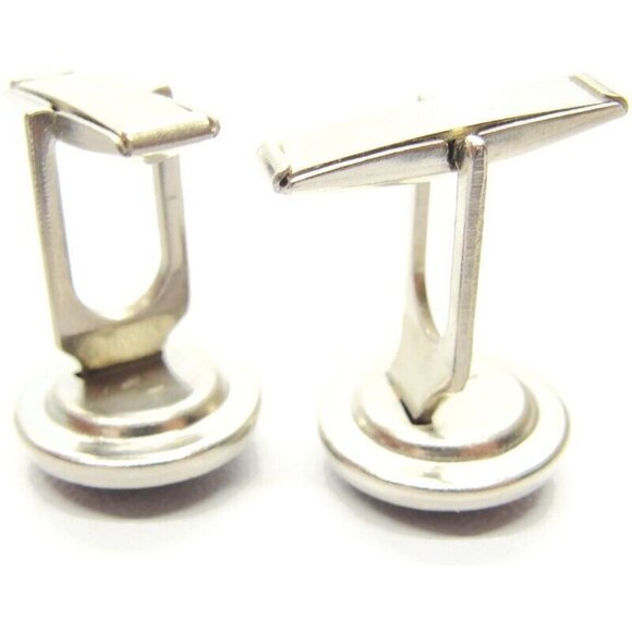 Classic Round Pioneer Black & Silver-Tone Cufflinks Tux Shirt Dress Suit Vintage - Picture 5 of 7